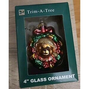 Vtg Trim-A-Tree 4 In Glass Ornament Christmas BEAR wreath